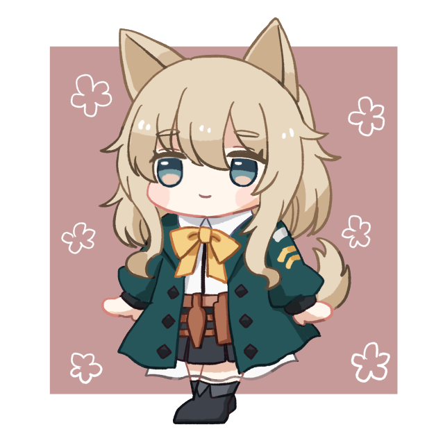 1girl animal_ears arknights bangs black_footwear black_skirt blue_eyes blush_stickers boots bow brown_background brown_hair chibi closed_mouth collared_shirt dog_ears dog_girl dog_tail dress_shirt eyebrows_visible_through_hair full_body green_jacket hair_between_eyes jacket long_hair long_sleeves open_clothes open_jacket pleated_skirt podenco_(arknights) puffy_long_sleeves puffy_sleeves shirt skirt smile solo someyaya standing tail thick_eyebrows two-tone_background white_background white_shirt yellow_bow