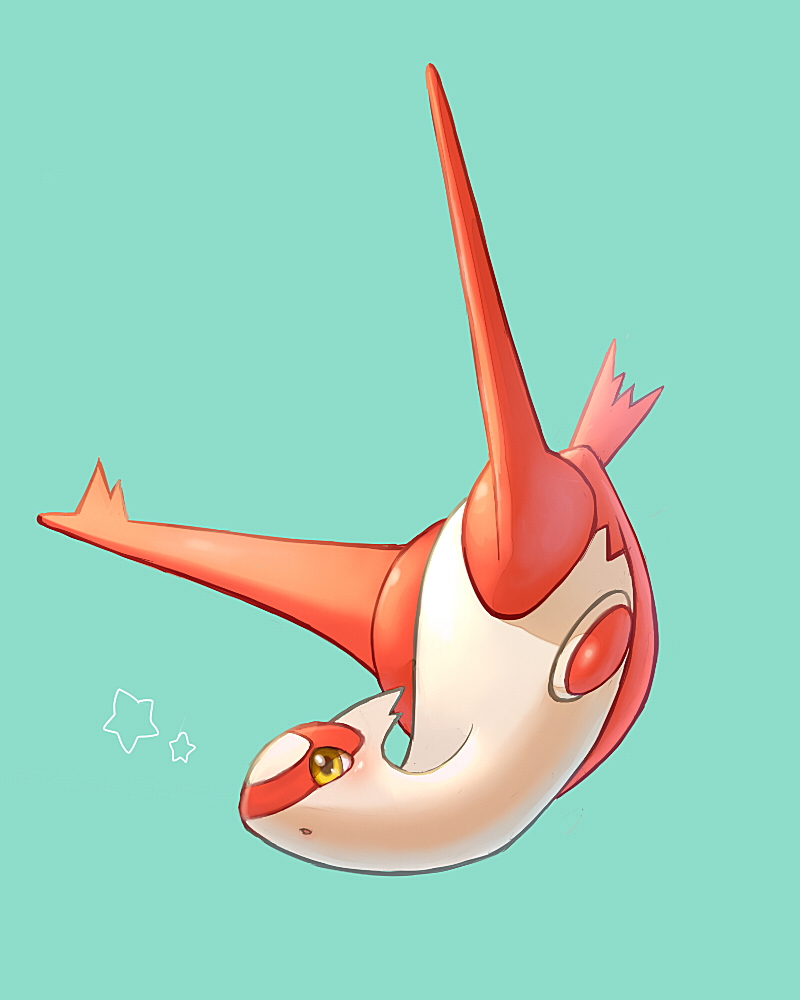 blush commentary_request full_body gen_3_pokemon green_background kikuyoshi_(tracco) latias legendary_pokemon looking_up no_humans parted_lips pokemon pokemon_(creature) simple_background solo star_(symbol) yellow_eyes