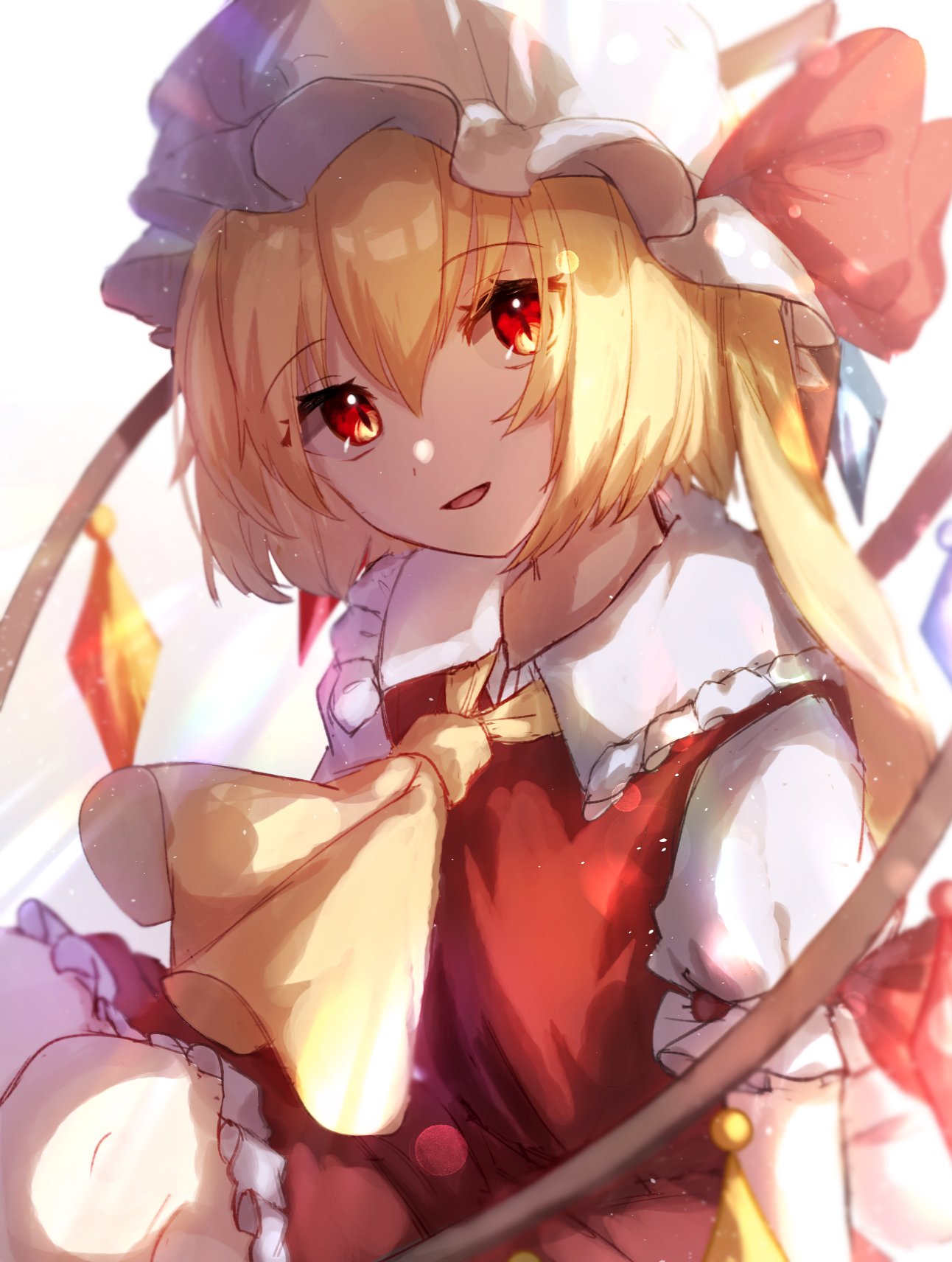 1girl bangs blonde_hair bow collar crystal dress eyebrows_visible_through_hair eyes_visible_through_hair flandre_scarlet hair_between_eyes hat hat_ribbon highres holding jewelry light looking_at_viewer mob_cap mozuno_(mozya_7) multicolored multicolored_wings open_mouth ponytail puffy_short_sleeves puffy_sleeves red_bow red_dress red_eyes red_ribbon ribbon shadow short_hair short_sleeves simple_background sitting smile solo touhou white_background white_headwear white_sleeves wings yellow_neckwear