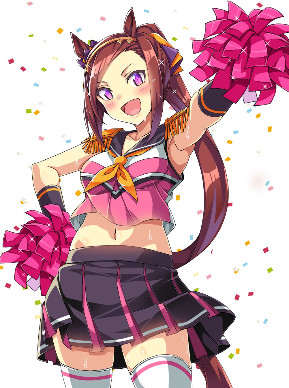 1girl alternate_costume animal_ears black_sailor_collar black_skirt brown_hair cheering cheerleader confetti crop_top epaulettes flower_in_eye high_ponytail highres holding holding_pom_poms horse_ears horse_girl horse_tail long_hair macaroni_hourensou miniskirt navel neckerchief open_mouth pink_shirt pleated_skirt pom_pom_(cheerleading) sailor_collar sailor_shirt sakura_bakushin_o_(umamusume) shirt skirt sleeveless sleeveless_shirt smile solo sweat symbol_in_eye tail thigh-highs umamusume violet_eyes white_legwear yellow_neckwear