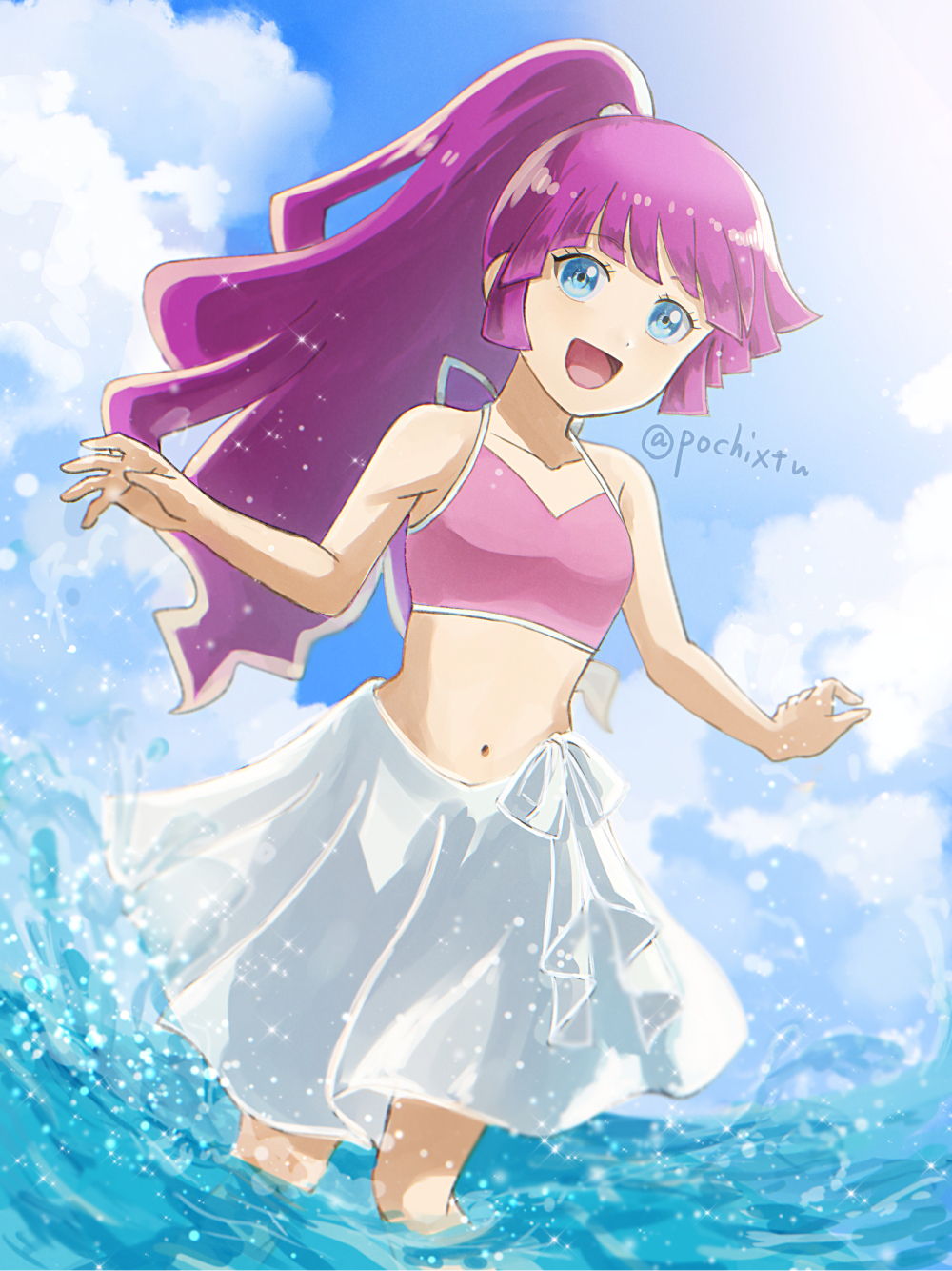 1girl blue_eyes blue_sky breasts clouds highres kirishima_romin long_hair looking_at_viewer midriff navel pochi_(furaigonn) ponytail purple_hair sky small_breasts smile solo swimsuit very_long_hair water yu-gi-oh! yu-gi-oh!_sevens