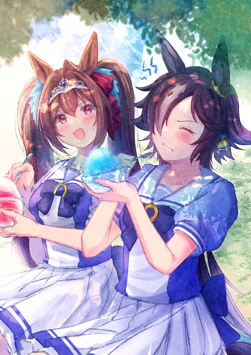 2girls :d animal_ears bangs black_hair blue_bow blue_shirt blush bow bowl brain_freeze brown_hair closed_eyes closed_mouth daiwa_scarlet_(umamusume) eyebrows_visible_through_hair fang hair_between_eyes highres holding holding_bowl holding_spoon horse_ears ittokyu multicolored_hair multiple_girls open_mouth pleated_skirt puffy_short_sleeves puffy_sleeves red_eyes school_uniform shaved_ice shirt short_sleeves skirt smile spoon streaked_hair tracen_school_uniform twintails umamusume v-shaped_eyebrows vodka_(umamusume) wavy_mouth white_hair white_skirt