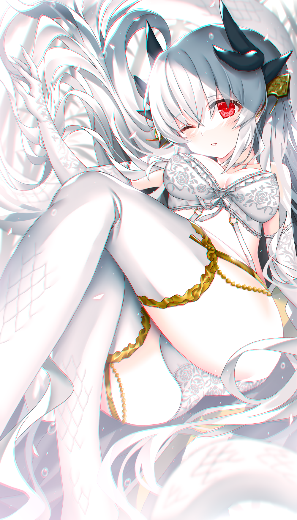 1girl bra breasts dragon_girl dragon_horns elbow_gloves fate/grand_order fate_(series) gloves grey_hair highres horns kiyohime_(fate) large_breasts morizono_shiki multiple_horns one_eye_closed panties red_eyes solo thigh-highs underwear underwear_only white_bra white_gloves white_legwear white_panties