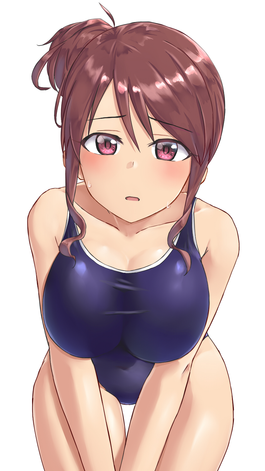 1girl aimobake bad_id bad_twitter_id bangs blue_swimsuit breasts brown_hair commentary_request covered_navel cowboy_shot eyebrows_visible_through_hair highres idolmaster idolmaster_cinderella_girls large_breasts leaning_forward looking_at_viewer mifune_miyu obake one-piece_swimsuit school_swimsuit short_hair side_bun sidelocks simple_background solo standing swimsuit thigh_gap v_arms violet_eyes wet white_background