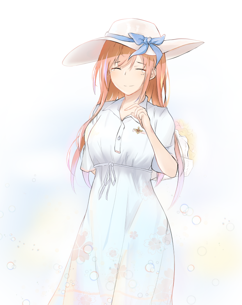 1girl blue_ribbon blush breasts closed_eyes closed_mouth clov3r dress eyebrows_visible_through_hair feet_out_of_frame girls_frontline hand_on_back hat hat_ribbon long_hair orange_hair ribbon simple_background smile solo springfield_(girls_frontline) standing tears white_dress white_headwear