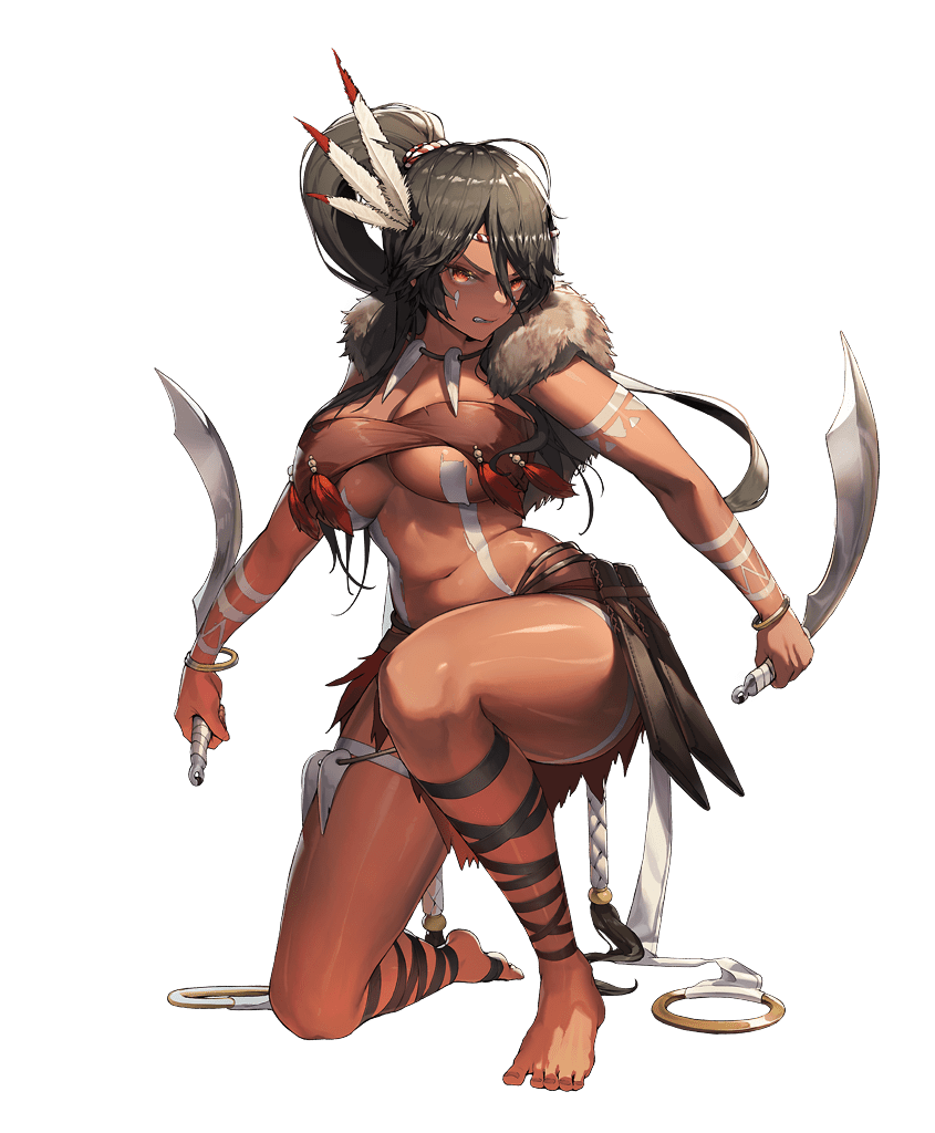 1girl ahoge artist_request bandeau bangle bangs barefoot black_hair bracelet breasts character_request clenched_teeth dark-skinned_female dark_skin destiny_child dual_wielding feather_hair_ornament feathers fur_trim hair_between_eyes hair_ornament headband holding holding_weapon jewelry large_breasts long_hair midriff navel official_art one_knee orange_eyes ponytail tattoo teeth transparent_background tribal tribal_tattoo very_long_hair weapon