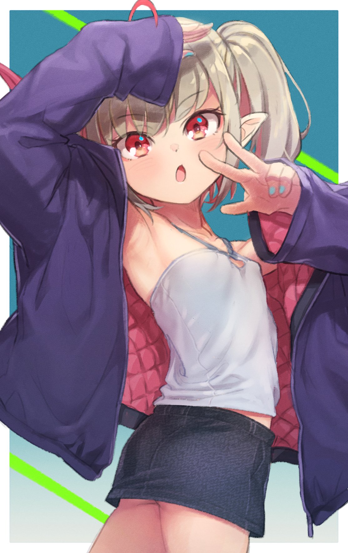 1girl :o ahoge aqua_nails armpits arms_up ass blush breasts camisole collarbone cowboy_shot denim denim_skirt eyebrows_visible_through_hair grey_hair halterneck highres jacket looking_at_viewer makaino_ririmu miniskirt multicolored multicolored_background multicolored_hair nijisanji open_clothes open_jacket open_mouth pointy_ears red_eyes redhead sabamen sidelocks skirt small_breasts solo twintails two-tone_hair v virtual_youtuber