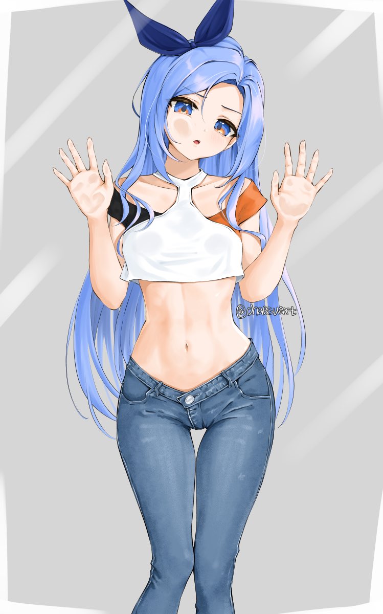 1girl artist_name blue_eyes blue_hair blue_ribbon chaesu commentary crop_top denim english_commentary feet_out_of_frame grey_background hair_ribbon hands_up head_tilt highres jeans long_hair looking_at_viewer midriff minah_(chaesu) navel original pants parted_lips ribbon solo standing stomach twitter_username very_long_hair