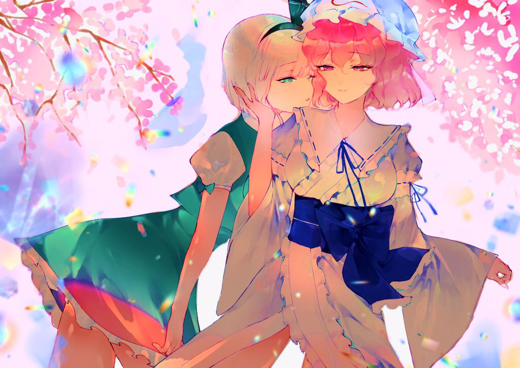 2girls backlighting bangs black_hairband black_ribbon blue_headwear blue_kimono blue_ribbon blurry bob_cut bow breasts charu_(mmg_g99) cherry_blossoms chromatic_aberration closed_mouth commentary_request contrapposto cowboy_shot depth_of_field eyebrows_visible_through_hair frills green_bow green_eyes green_skirt green_vest hair_between_eyes hair_ribbon hairband half-closed_eyes hand_on_another's_cheek hand_on_another's_face hat japanese_clothes kimono konpaku_youmu large_breasts leaning_forward lens_flare light_smile looking_at_another mob_cap multiple_girls outdoors petticoat pink_eyes pink_hair puffy_short_sleeves puffy_sleeves ribbon saigyouji_yuyuko short_hair short_sleeves silver_hair skirt skirt_set touhou vest yuri