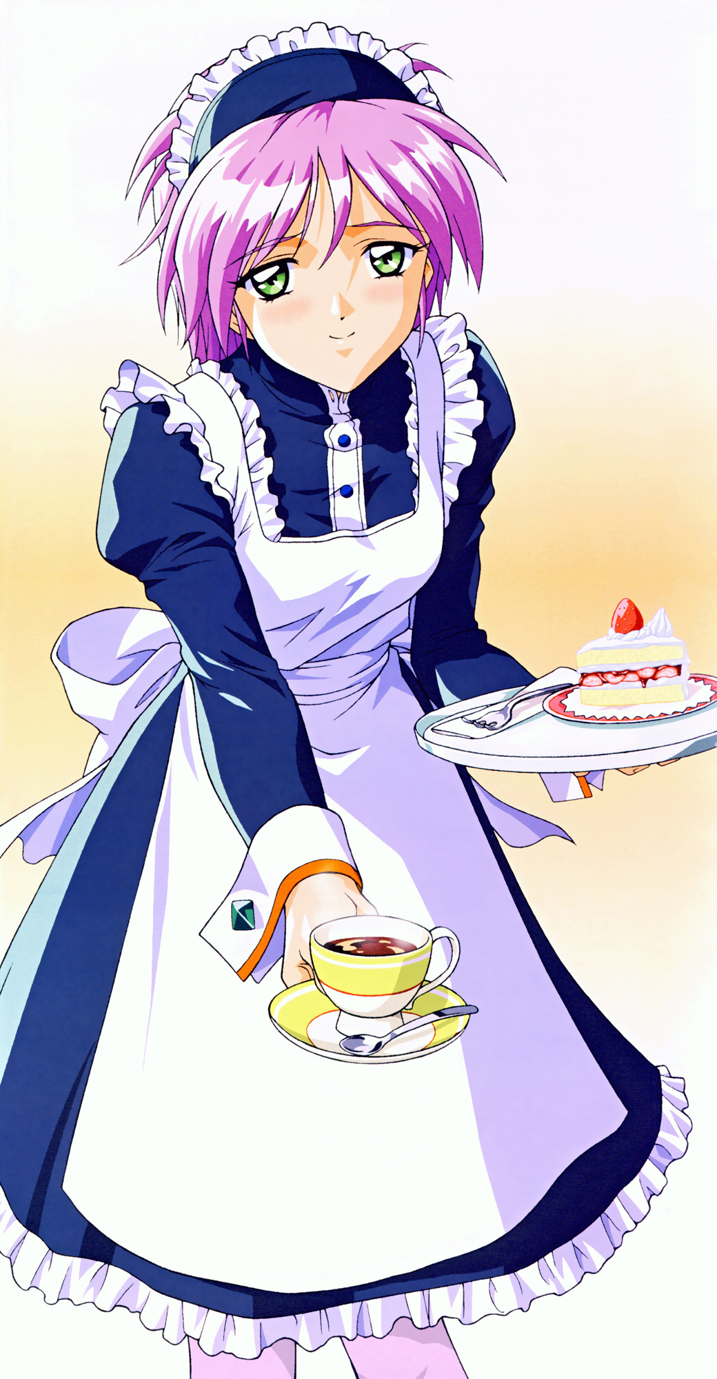 1990s_(style) apron blush cup eyebrows_visible_through_hair feet_out_of_frame food fork green_eyes highres holding holding_plate juliet_sleeves kokura_masashi long_sleeves looking_at_viewer maid maid_headdress official_art pantyhose pink_hair plate puffy_sleeves retro_artstyle scan smile spoon strawberry_shortcake tea teacup tokimeki_memorial tokimeki_memorial_2 white_apron white_legwear yae_kaori