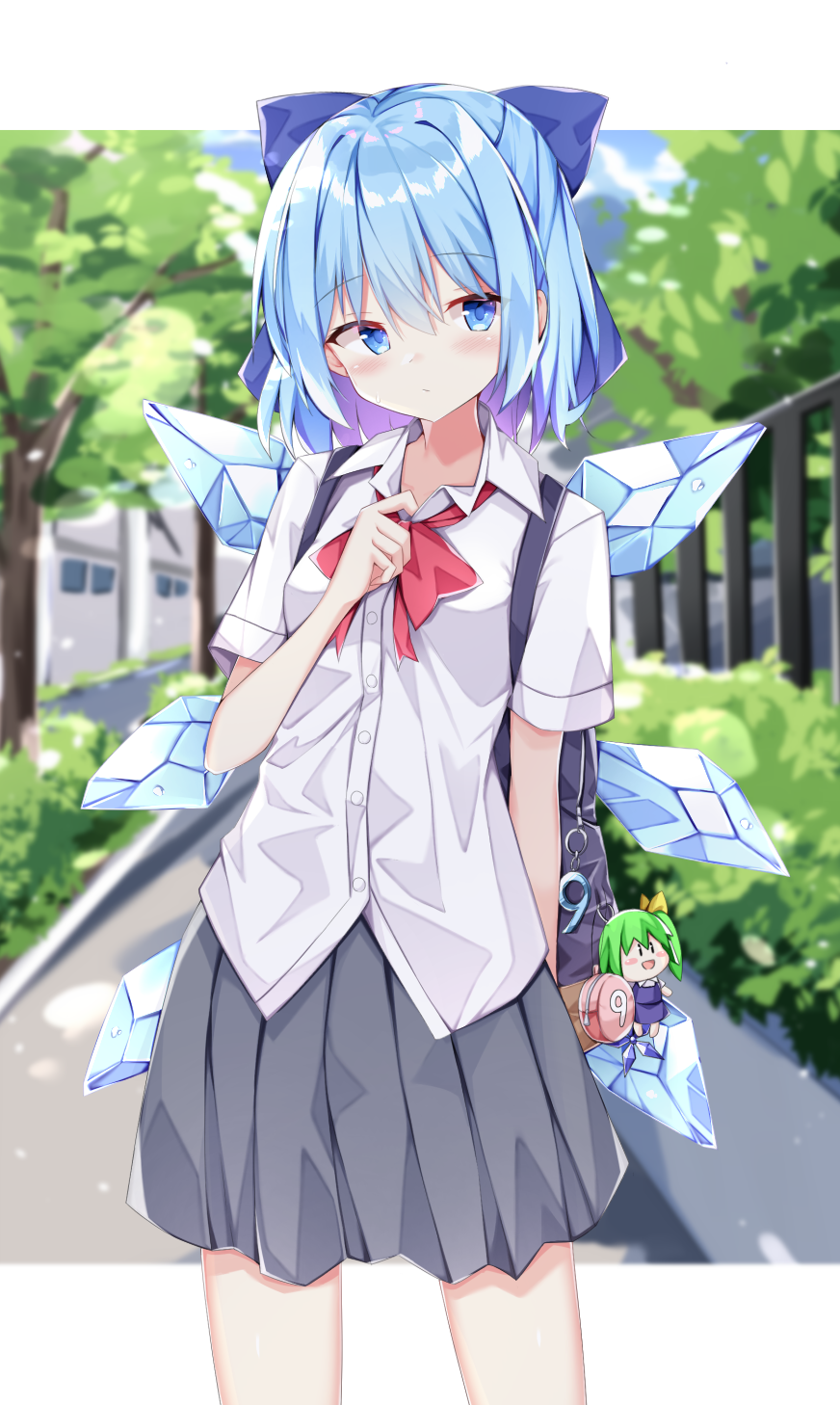 (9) 1girl blue_eyes blush bow bowtie buttons cirno collared_shirt commentary_request daiyousei eyebrows_visible_through_hair grey_skirt hair_bow highres ice ice_wings keychain kuraaken light_blue_hair red_neckwear school_uniform shirt short_sleeves skirt solo sweat touhou white_shirt wings