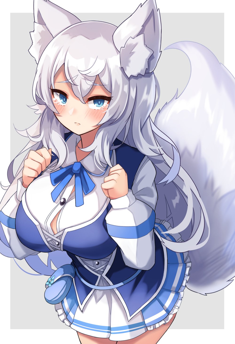 1girl animal_ear_fluff animal_ears blue_eyes blue_skirt commentary_request cowboy_shot highres indie_virtual_youtuber lumi_(merryweather) plan_(planhaplalan) skirt solo tail virtual_youtuber white_hair wolf_ears wolf_girl wolf_tail