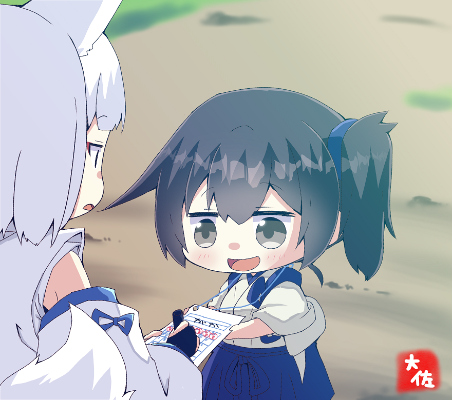 2girls :d animal_ears artist_logo artist_name azur_lane blue_eyes blue_hakama blush brown_eyes brown_hair crossover detached_sleeves eyebrows_visible_through_hair fox_ears fox_tail hair_between_eyes hakama hakama_skirt holding japanese_clothes kaga_(azur_lane) kaga_(kancolle) kantai_collection long_hair multiple_girls namesake open_mouth short_hair side_ponytail smile stamp tail taisa_(kari) tasuki white_hair