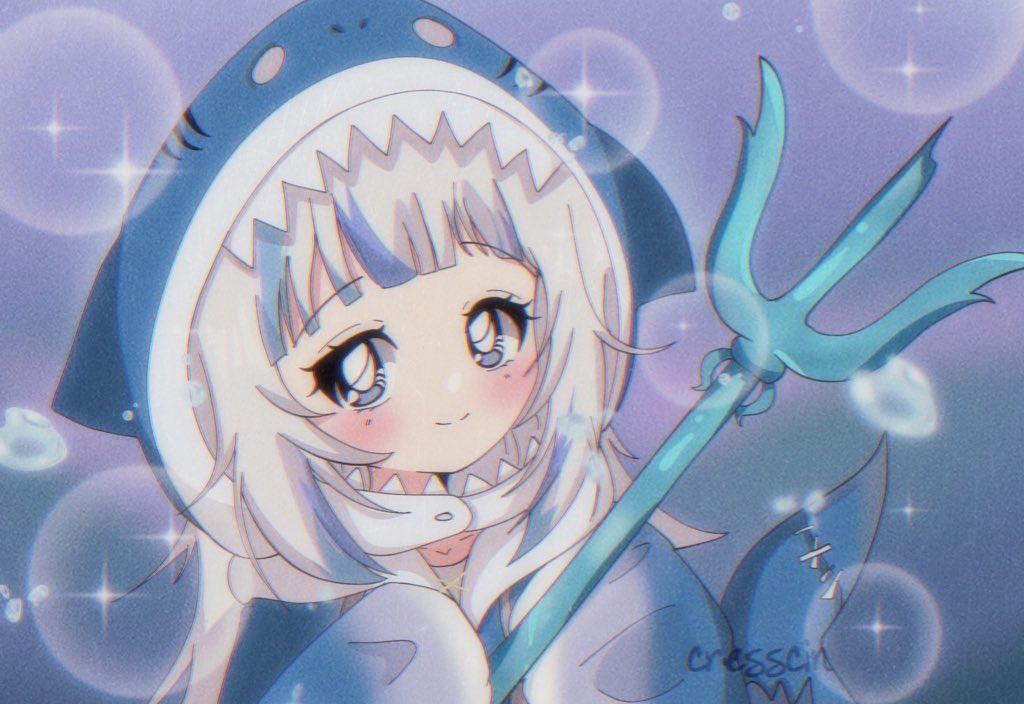 1990s_(style) 1girl animal_hood bangs blue_background blue_eyes blue_hair blush cresscin gawr_gura holding holding_polearm holding_weapon hololive hololive_english hood hood_up looking_at_viewer multicolored_hair polearm retro_artstyle shark_hood signature smile solo streaked_hair trident upper_body virtual_youtuber weapon white_hair