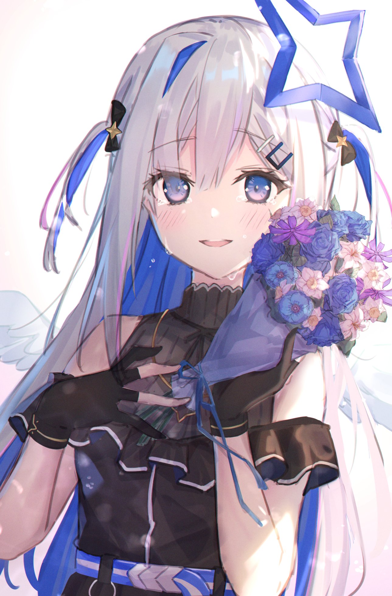 1girl amane_kanata angel angel_wings black_gloves blue_eyes blue_hair bouquet colored_inner_hair flower gloves gradient_eyes hair_ornament hairclip halo highres holding holding_bouquet hololive kyaroru multicolored multicolored_eyes multicolored_hair partially_fingerless_gloves silver_hair single_hair_intake solo star_halo streaked_hair violet_eyes virtual_youtuber wings