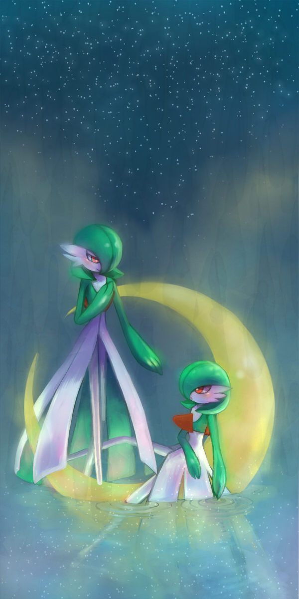 blush closed_mouth commentary_request crescent_moon eye_contact gardevoir gen_3_pokemon green_hair half-closed_eye hand_up highres kikuyoshi_(tracco) looking_at_another moon orange_eyes outstretched_hand pokemon pokemon_(creature) ripples short_hair smile standing star_(sky)