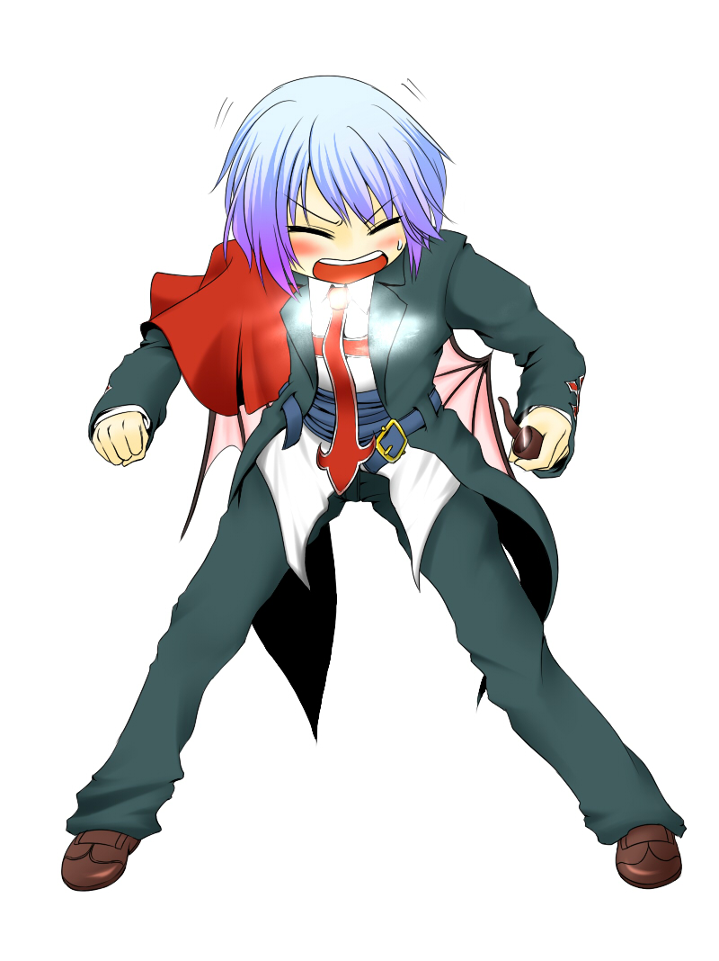 closed_eyes cosplay coughing formal gradient_hair guilty_gear multicolored_hair open_mouth pant_suit pipe radia remilia_scarlet slayer slayer_(cosplay) slayer_(guilty_gear) smoke smoking solo suit touhou vampire wings