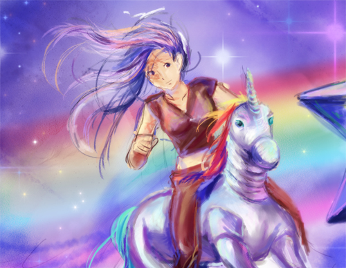 katawa_shoujo long_hair lowres rainbow robot_unicorn_attack scar star unicorn