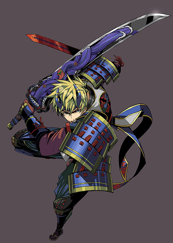 armor bantrain blonde_hair male onimusha short_hair simple_background soki solo sword togatsuko yuki_hideyasu