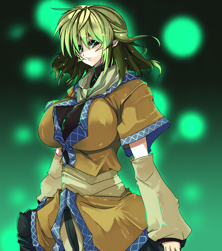 blonde_hair breasts green_eyes huge_breasts impossible_clothes impossible_shirt mizuhashi_parsee pointy_ears scarf shirt short_hair solo toono_yayoi touhou