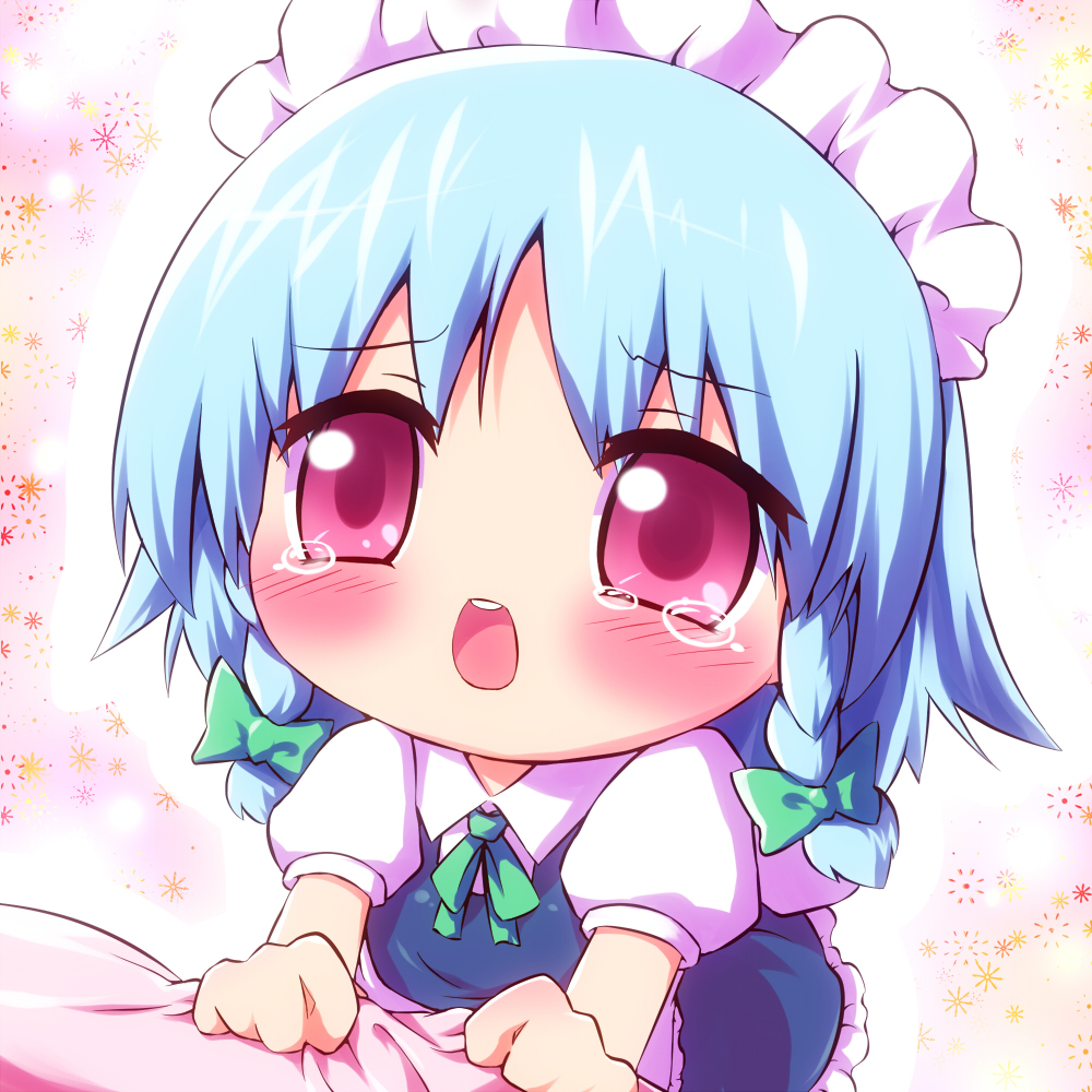 bad_id blue_hair blush bow braid chibi frills izayoi_sakuya long_hair maid maid_headdress open_mouth red_eyes tears touhou twin_braids young