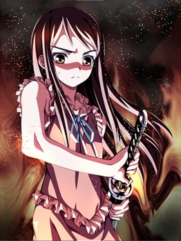 angry brown_hair fire katana kirihara_touko long_hair matsuryuu pink_dress sleeveless sword weapon yellow_eyes