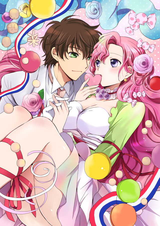 1girl breasts brown_hair candy choker cleavage code_geass couple dress euphemia_li_britannia flower formal gloves green_eyes heart holding_hands kurimomo kururugi_suzaku long_hair macaron necktie pastry pink_hair purple_eyes ribbon short_hair suit white_gloves