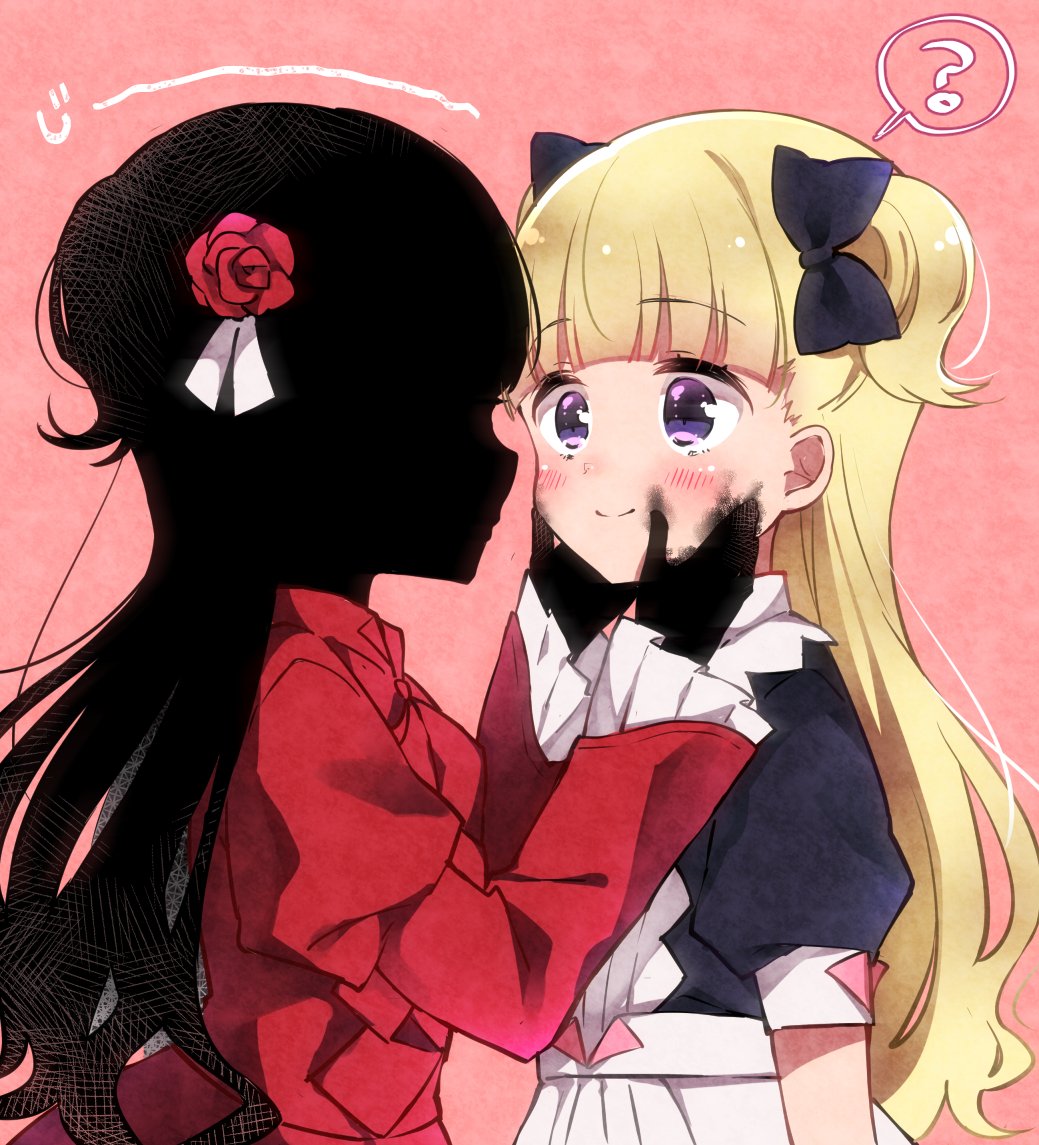 2girls ? apron bangs black_skin blonde_hair blunt_bangs blush closed_mouth colored_skin commentary_request dress emilico_(shadows_house) eyebrows_visible_through_hair flower from_side hair_flower hair_ornament hands_on_another's_face kate_(shadows_house) long_hair long_sleeves maid_apron multiple_girls pink_background puffy_short_sleeves puffy_sleeves red_dress rose shadow_(shadows_house) shadows_house short_sleeves simple_background sk02 smile soot speech_bubble staring two_side_up upper_body violet_eyes yuri