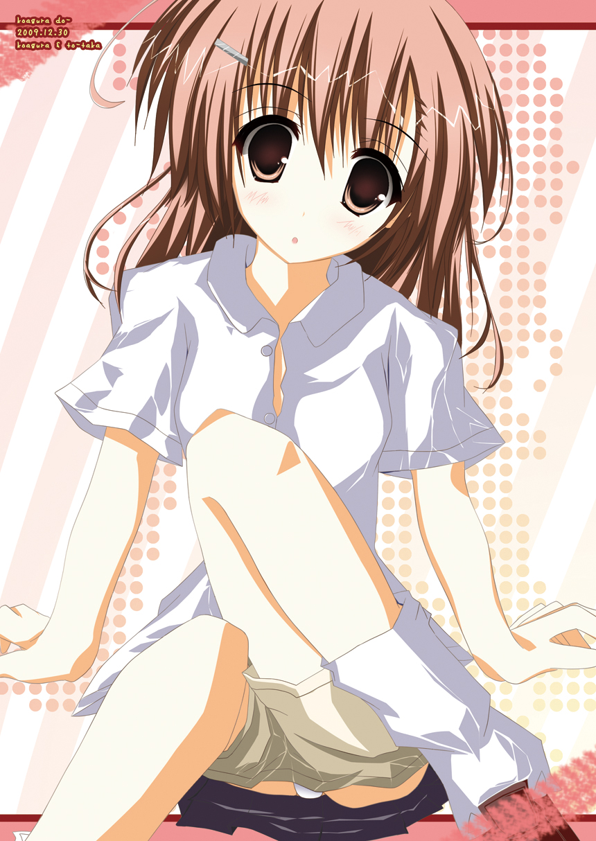 1girl artist_name blush brown_eyes brown_hair hairclip misaka_mikoto open_mouth panties solo to_aru_majutsu_no_index tootaka underwear