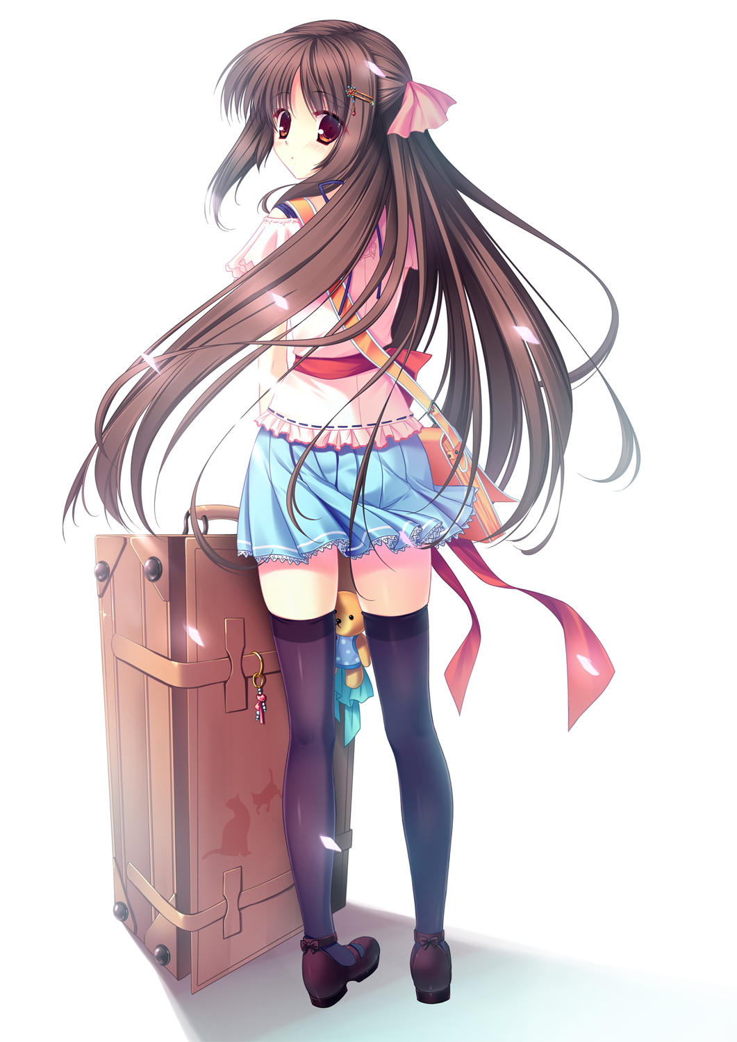 brown_eyes brown_hair from_behind futaori_arisa hair_ornament hairclip highres legs long_hair looking_back mary_janes original petals shoes skirt solo suitcase thigh-highs thighhighs zettai_ryouiki