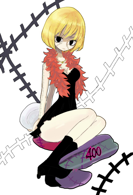 blonde_hair dress high_heels kyun_(kana1) one_piece scar shoes short_hair simple_background stitched victoria_cindry zombie