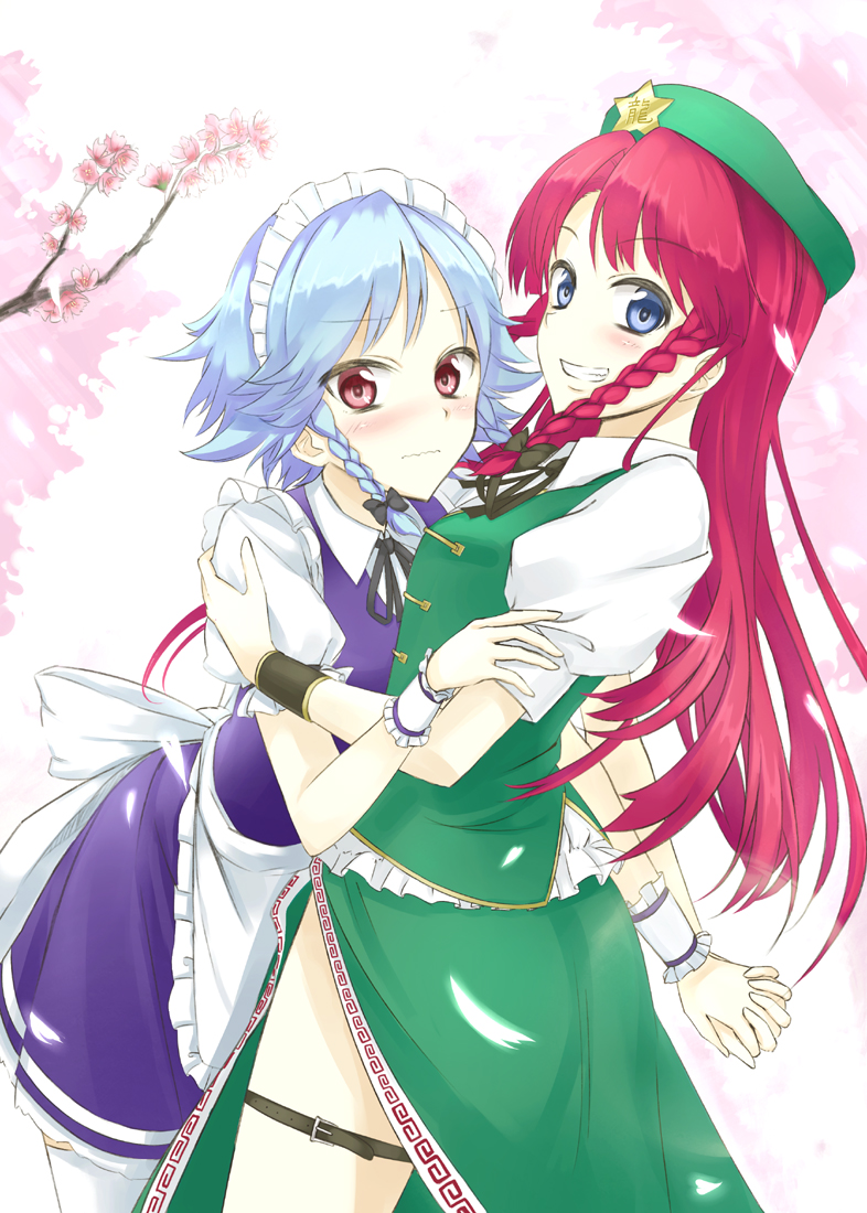 blue_eyes blue_hair braid hong_meiling izayoi_sakuya long_hair maid maid_headdress nidoro red_hair redhead short_hair touhou twin_braids yuri