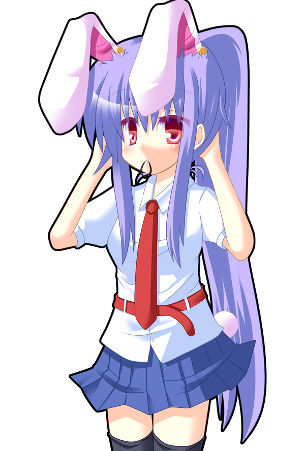alternate_hairstyle animal_ears belt bunny_ears bunny_tail extra_ears long_hair mouth_hold necktie ponytail purple_hair rabbit_ears red_eyes reisen_udongein_inaba solo tail thigh-highs thighhighs touhou very_long_hair zettai_ryouiki