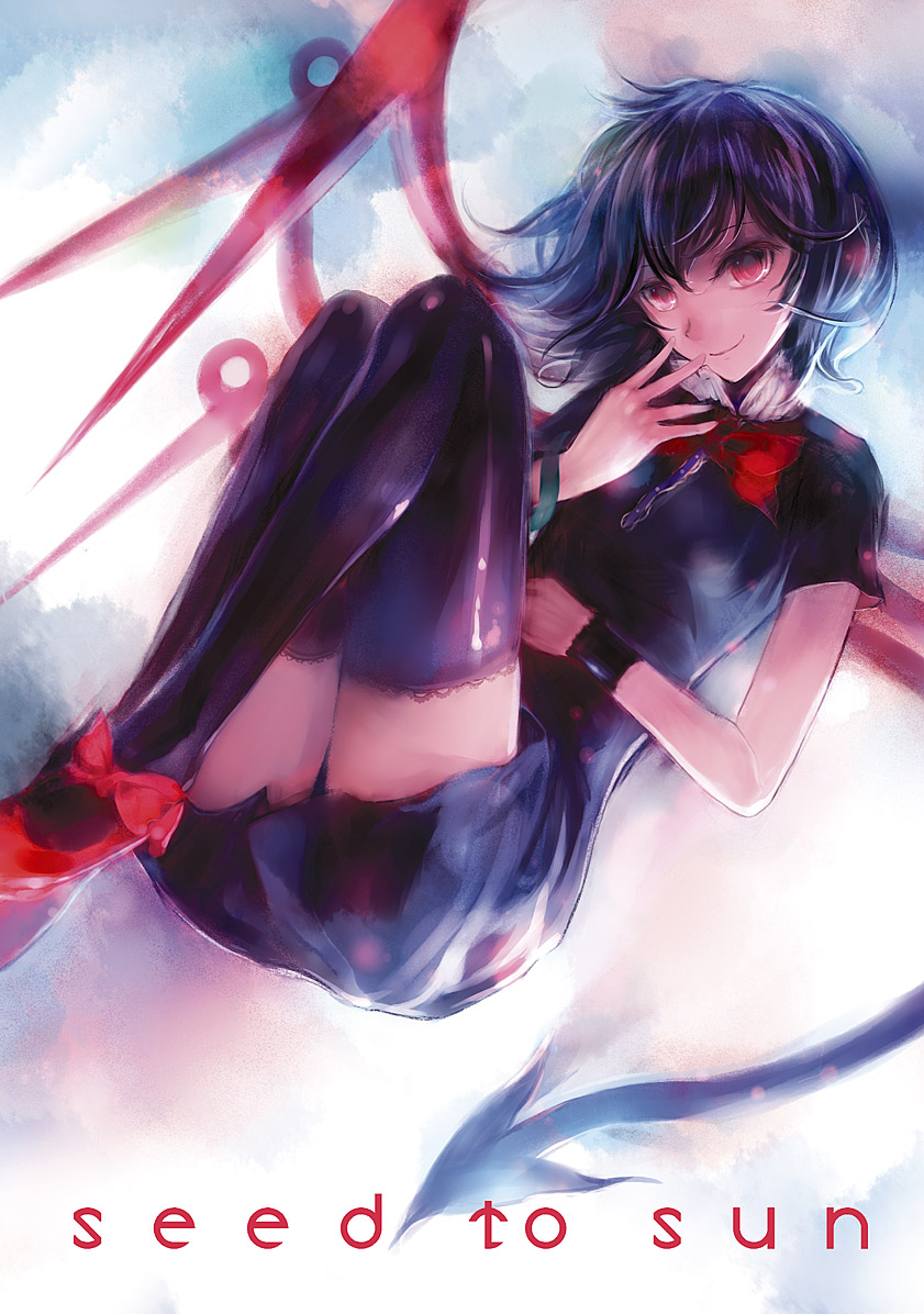 asymmetrical_wings black_hair black_legwear bow dress houjuu_nue nokishita red_eyes snake solo thighhighs touhou wings