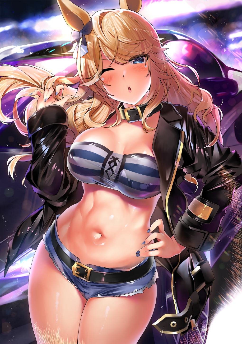 1girl animal_ears bandeau belt belt_buckle black_belt black_choker black_jacket blonde_hair blue_eyes blue_shorts blush breasts buckle choker cowboy_shot cutoffs denim denim_shorts eyebrows_visible_through_hair floating_hair gold_city_(umamusume) hair_between_eyes hand_on_hip highres horse_ears horse_girl jacket kawai large_breasts long_hair long_sleeves micro_shorts midriff navel one_eye_closed open_clothes open_fly open_jacket parted_lips shorts solo stomach strapless striped thighs tubetop umamusume v-shaped_eyebrows