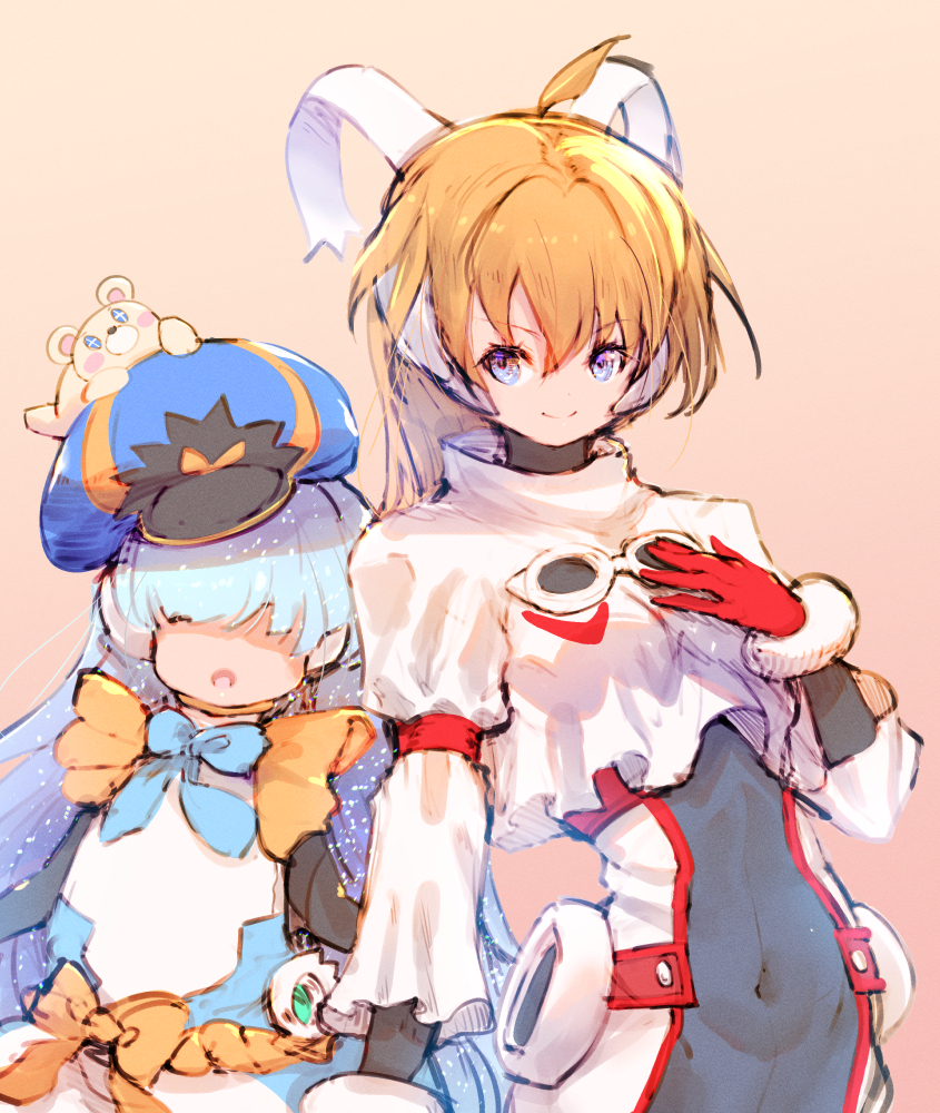 +_+ 2girls :o ahoge animal_on_head bear blaster_master_zero blaster_master_zero_3 blonde_hair blue_eyes breasts character_request commentary covered_navel eve_(blaster_master_zero) gloves hair_over_eyes hat height_difference light_blue_hair long_hair long_sleeves looking_at_viewer multiple_girls navel on_head red_gloves ribbon shirt skin_tight small_breasts smile tagme usapenpen2019 white_shirt