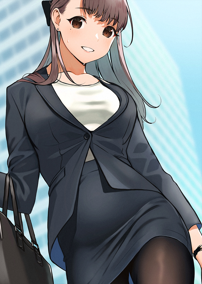 1girl bag black_jacket black_legwear black_skirt blurry blurry_background blush breasts brown_eyes brown_hair building day depth_of_field doushimasho earrings formal jacket jewelry long_hair long_sleeves looking_at_viewer medium_breasts mole mole_under_eye office_lady original outdoors pantyhose parted_lips shirt skirt skirt_suit skyscraper smile solo stud_earrings suit sweat white_shirt