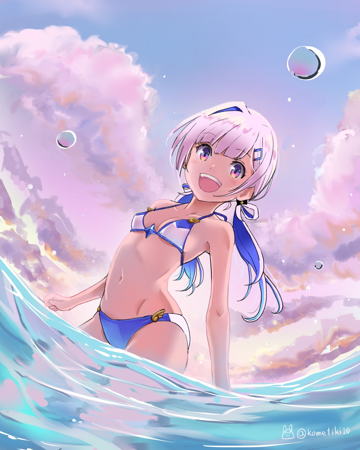 1girl amane_kanata angel asymmetrical_bangs bangs blue_hair blush clouds colored_inner_hair eyebrows_visible_through_hair hair_ornament hair_rings hairclip highres hololive komekiti10 looking_at_viewer low_twintails multicolored_hair open_mouth outdoors partially_submerged silver_hair single_hair_intake sky smile solo sunset swimsuit twintails twitter_username upper_teeth violet_eyes virtual_youtuber