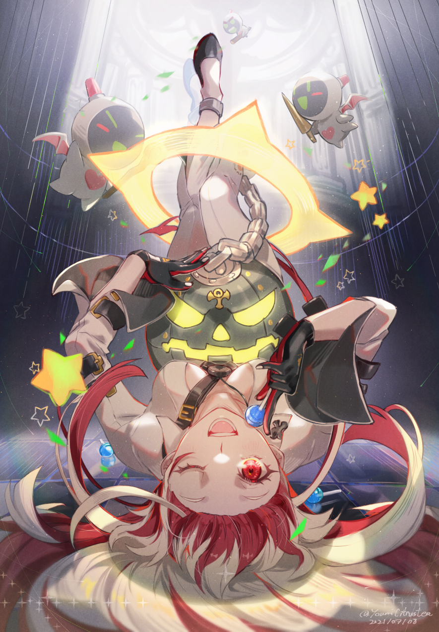 1girl aria_(guilty_gear) bodysuit candy food guilty_gear highres jack-o'_valentine knight_servant lollipop long_hair looking_at_viewer magician_servant multicolored_hair open_mouth red_eyes redhead smile sword two-tone_hair very_long_hair weapon white_bodysuit white_hair youmicitrustea