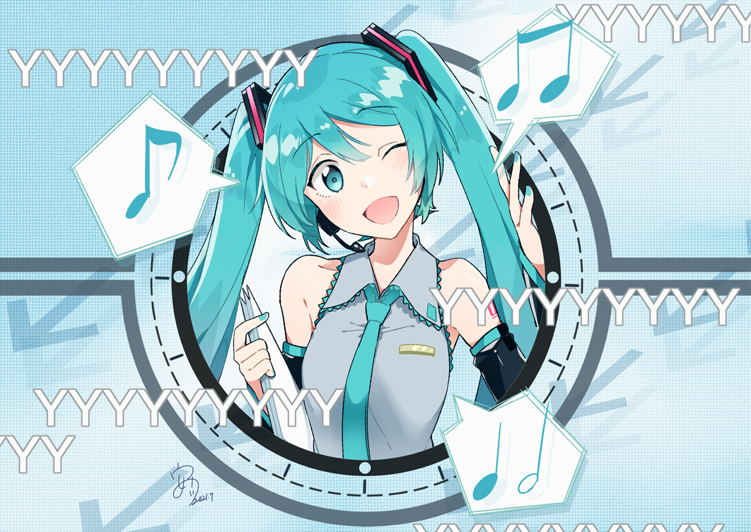 1girl agonasubi aqua_eyes aqua_hair aqua_nails aqua_neckwear arrow_(symbol) bare_shoulders beamed_eighth_notes black_sleeves blue_background commentary detached_sleeves eighth_note folder grey_shirt hair_ornament half_note hand_up hatsune_miku headphones headset holding_folder long_hair looking_at_viewer musical_note nail_polish necktie niconico_comments one_eye_closed open_mouth quarter_note shirt shoulder_tattoo sleeveless sleeveless_shirt smile solo speech_bubble spoken_musical_note tattoo twintails upper_body vocaloid watashi_no_jikan_(vocaloid)