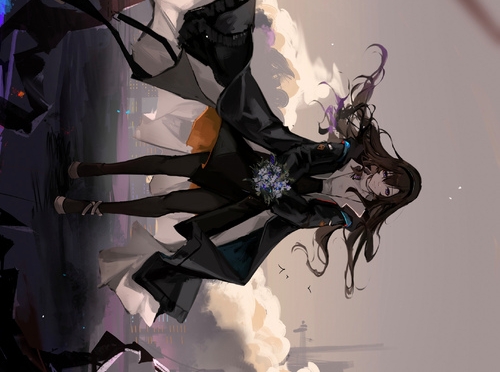 1girl arknights artist_request bouquet brown_hair chinese_commentary cityscape commentary_request dated flower hood hooded_jacket humanization jacket long_hair long_jacket lowres originium_(arknights) shoes solo