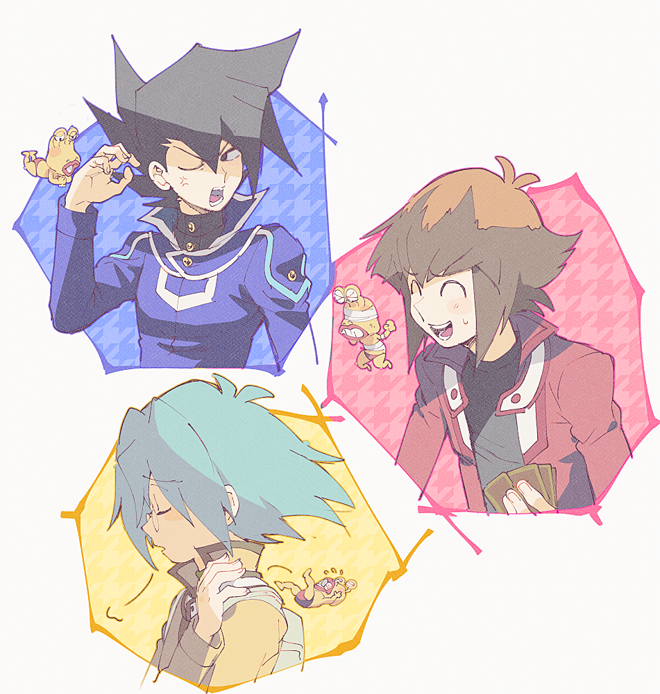 3boys =3 ^_^ aoki_(fumomo) aqua_hair backpack bag bangs black_hair black_shirt blue_coat brown_hair card closed_eyes coat duel_academy_uniform_(yu-gi-oh!_gx) duel_monster glasses hair_between_eyes high_collar holding holding_card jacket long_sleeves male_focus manjoume_jun marufuji_shou multiple_boys ojama_yellow one_eye_closed open_mouth red_jacket shirt simple_background spiky_hair yellow_jacket yu-gi-oh! yu-gi-oh!_gx yuuki_juudai