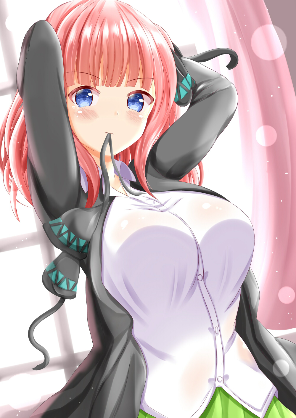 1girl arms_behind_head arms_up backlighting bangs black_jacket black_ribbon blue_eyes blush breasts closed_mouth collared_shirt commentary_request curtains day dress_shirt eyebrows_visible_through_hair go-toubun_no_hanayome green_skirt hair_ribbon highres indoors jacket long_hair looking_at_viewer medium_breasts mouth_hold nakano_nino open_clothes open_jacket pink_hair pleated_skirt ribbon ribbon_in_mouth shirt skirt solo tying_hair v-shaped_eyebrows white_shirt window zenon_(for_achieve)