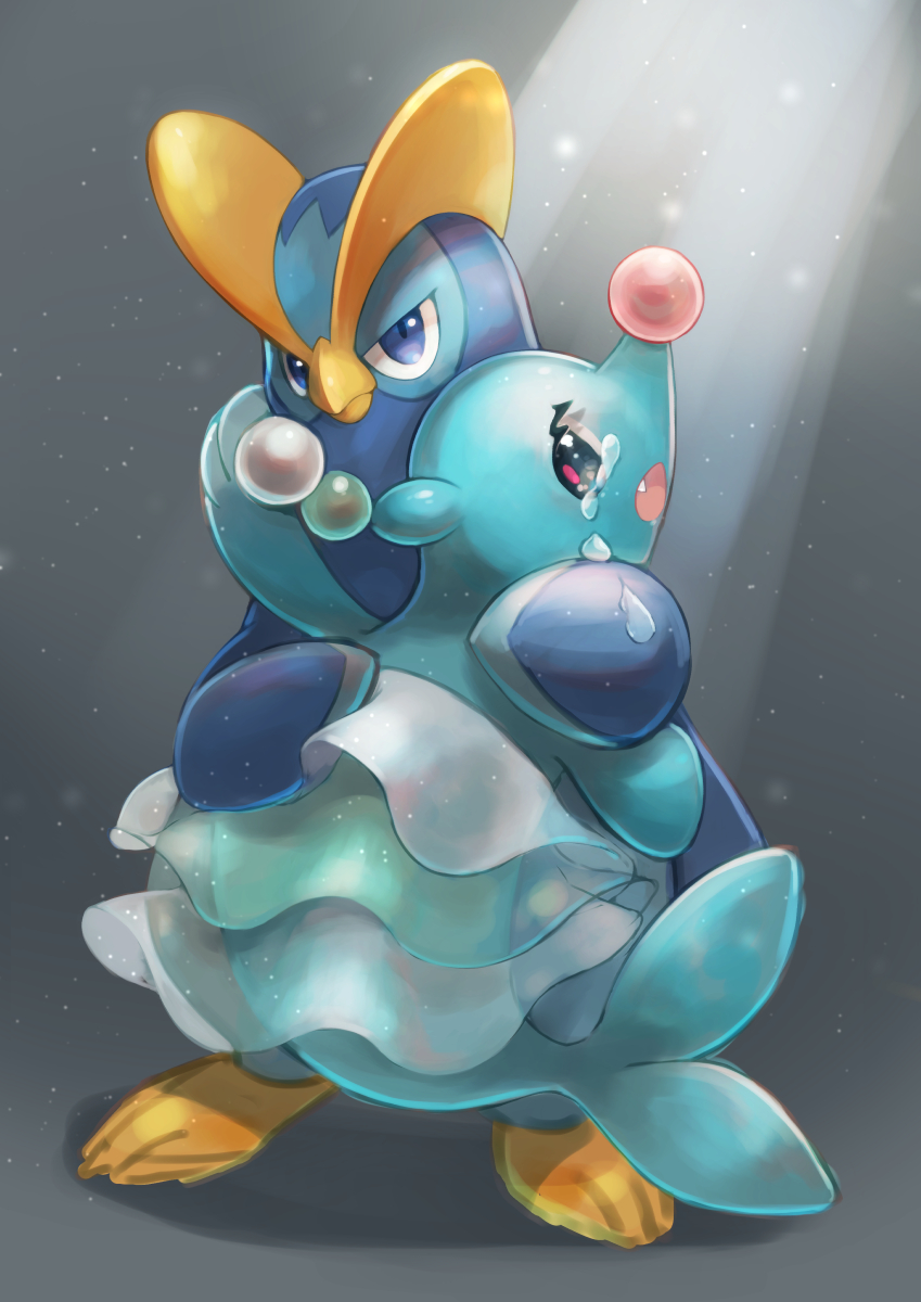 blue_eyes brionne closed_mouth commentary_request crying fang gen_7_pokemon highres holding holding_pokemon hug kikuyoshi_(tracco) looking_back no_humans open_mouth pokemon pokemon_(creature) standing tears tongue