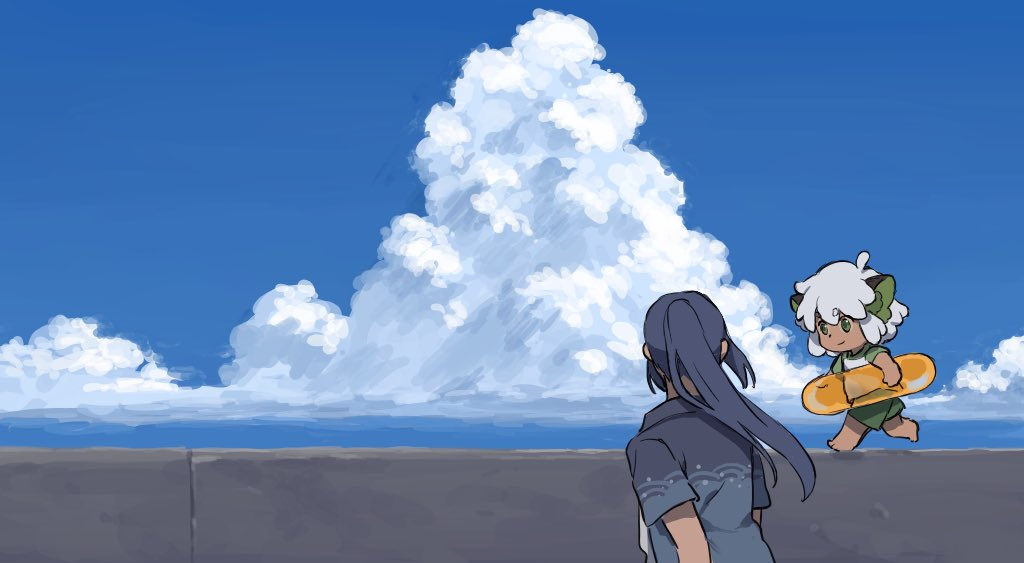 2boys 3me_da animal_ears barefoot black_hair blue_sky cat_boy cat_ears clouds cloudy_sky horizon innertube long_hair luoxiaohei multiple_boys ponytail print_shirt shirt short_hair short_sleeves shorts sky the_legend_of_luo_xiaohei white_hair wide_shot wuxian_(the_legend_of_luoxiaohei)