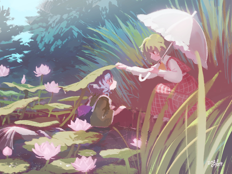 2girls :o arm_up ascot backlighting blue_hair chabi_(amedama) closed_mouth collared_shirt dated day eye_contact flower frilled_umbrella frills from_side green_hair green_kimono hand_up hands_up head_fins holding holding_umbrella japanese_clothes kazami_yuuka kimono lake leaf leaf_on_head lily_pad long_skirt long_sleeves looking_at_another mermaid monster_girl multiple_girls nature no_lineart obi outdoors outstretched_arm parasol parted_lips partially_submerged pink_flower plaid plaid_skirt plaid_vest plant profile puffy_long_sleeves puffy_sleeves red_eyes red_skirt red_vest sash shirt short_hair skirt skirt_set smile squatting tareme touhou tree umbrella vest wakasagihime water white_shirt white_umbrella wide_sleeves wing_collar yellow_neckwear