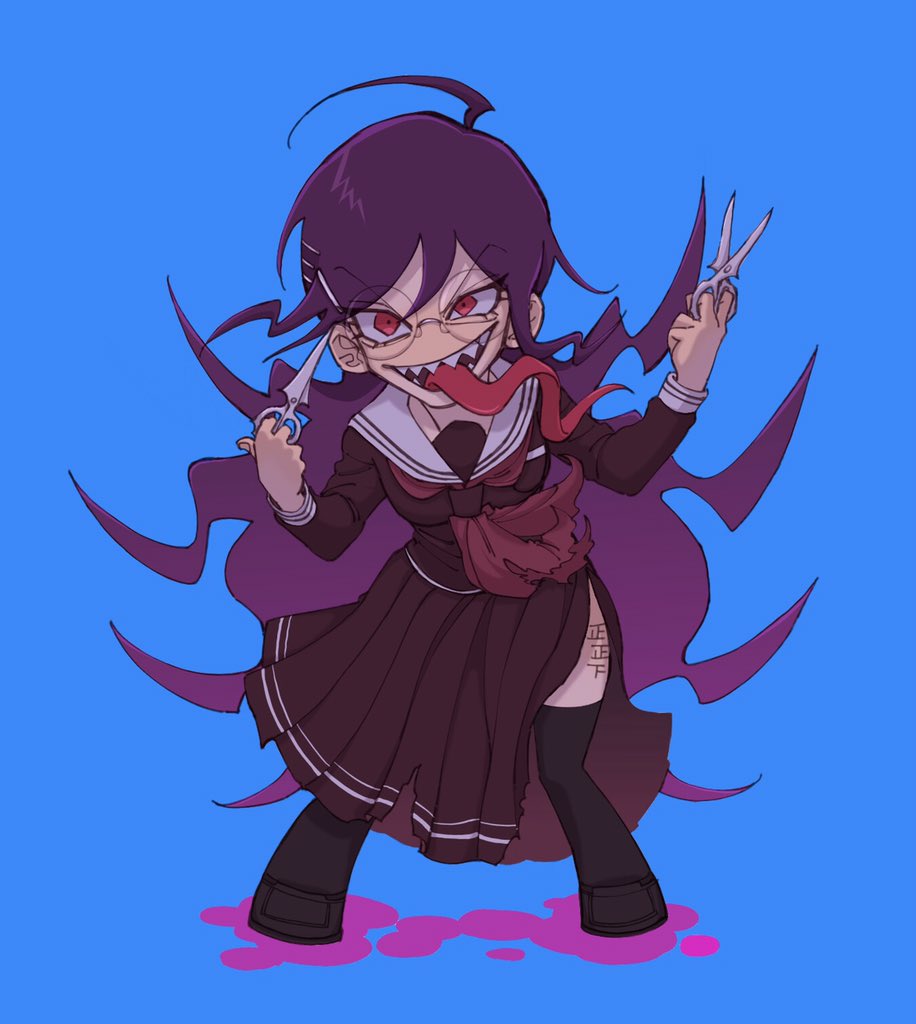 1girl ahoge alternate_hair_color bangs black_legwear blue_background braid commentary_request dangan_ronpa:_trigger_happy_havoc dangan_ronpa_(series) fukawa_touko full_body genocider_shou glasses hair_ornament hairclip holding knife leaning_forward long_hair long_tongue looking_at_viewer mokuzou_(mokumokuzo) neckerchief open_mouth pink_blood pleated_skirt purple_hair red_eyes red_neckwear round_eyewear school_uniform scissors serafuku sharp_teeth simple_background skirt solo teeth thigh-highs tongue tongue_out torn_clothes torn_skirt translation_request twin_braids