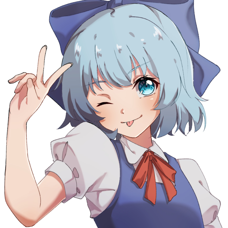 1girl :p amaka_(maka_prsk) bangs blue_bow blue_eyes blue_hair blue_vest bow cirno commentary_request face hair_bow hand_up hands looking_at_viewer neck_ribbon one_eye_closed puffy_sleeves red_neckwear ribbon shirt short_hair simple_background solo tongue tongue_out touhou upper_body v vest white_background white_shirt