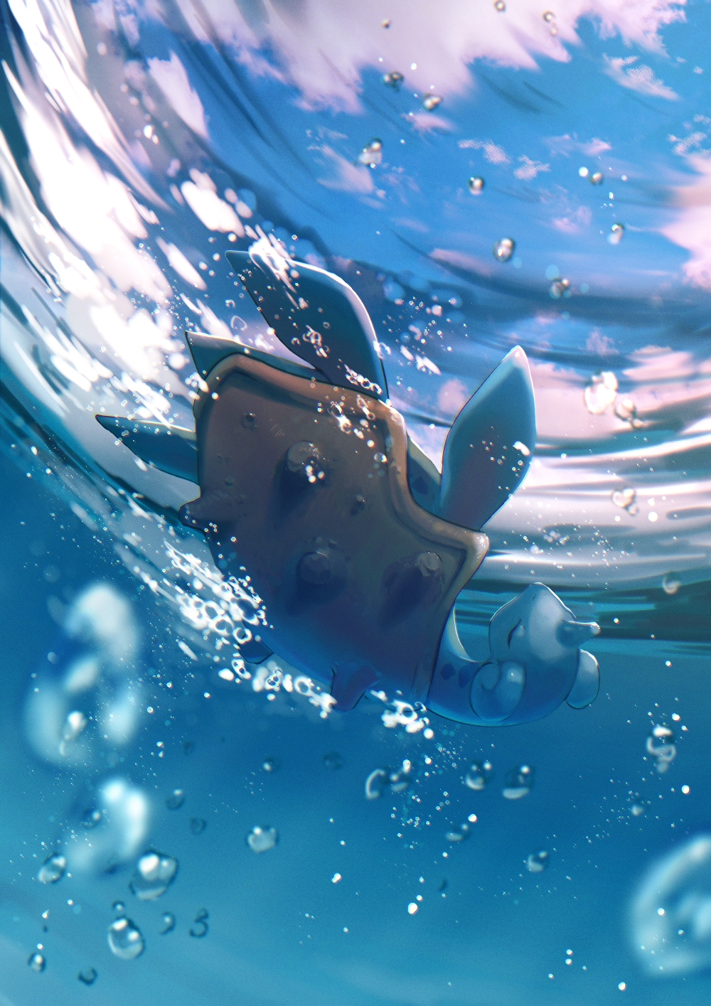 air_bubble blurry bubble closed_eyes clouds commentary day from_below full_body gen_1_pokemon highres lapras no_humans pokemon pokemon_(creature) sky underwater upside-down water_surface yukichi_(tsuknak1)