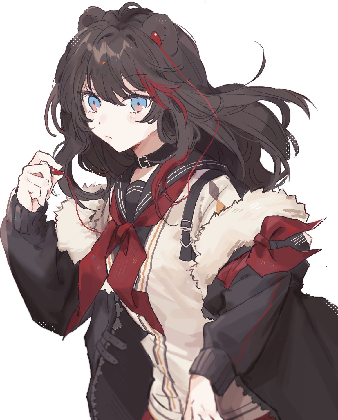 1girl animal_ears arknights bangs bear_ears black_choker black_jacket black_sailor_collar blue_eyes brown_hair cardigan choker commentary_request earphones eyebrows_visible_through_hair fur-trimmed_jacket fur_trim highres holding holding_earphones jacket keru_ko long_hair looking_at_viewer multicolored_hair neckerchief open_clothes open_jacket red_neckwear redhead sailor_collar simple_background solo streaked_hair upper_body white_background white_cardigan zima_(arknights)